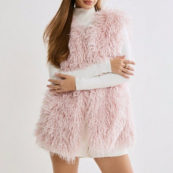 Pink Party Women's Fluffy Long Hair Tank Top Jacket - Picture 7 of 8